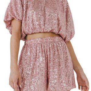Endless Rose Sequin Puff Crop Top In Pink